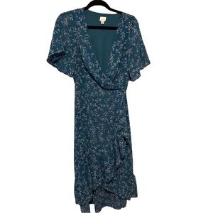 A New Day Women’s Small Blue Long Floral Wrap Dress with flutter sleeves boho